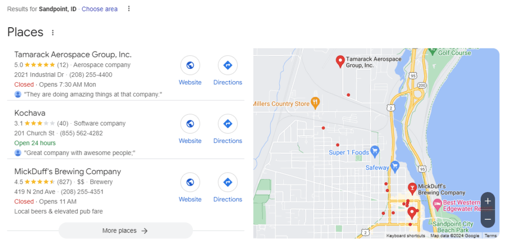 Screenshot of a Google map pack for sandpoint idaho