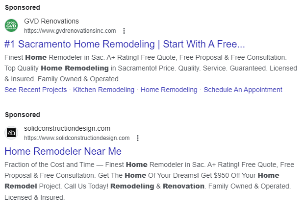 Screenshot of paid search ads results