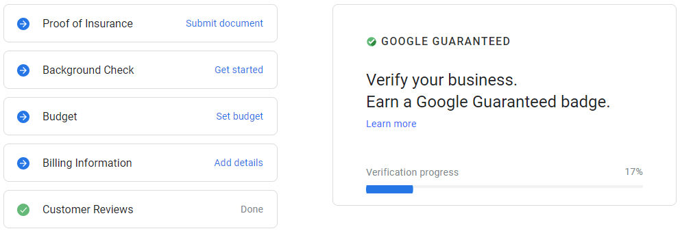 Screenshot of the google guarantee process steps